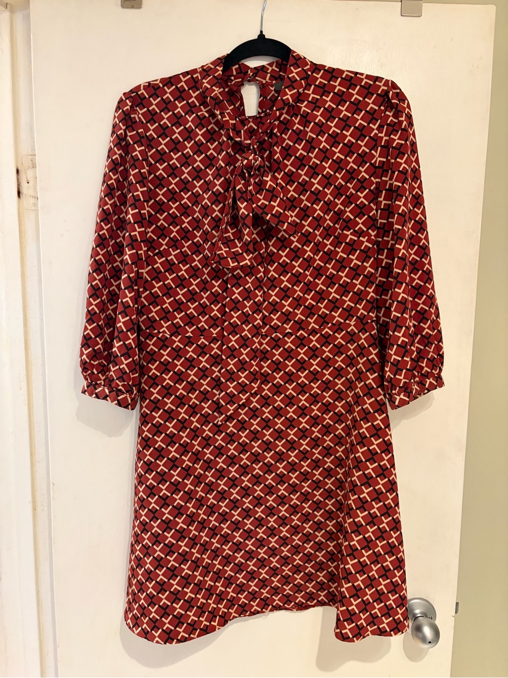 Primark Red Geometric Tie-Neck Long Sleeve Dress